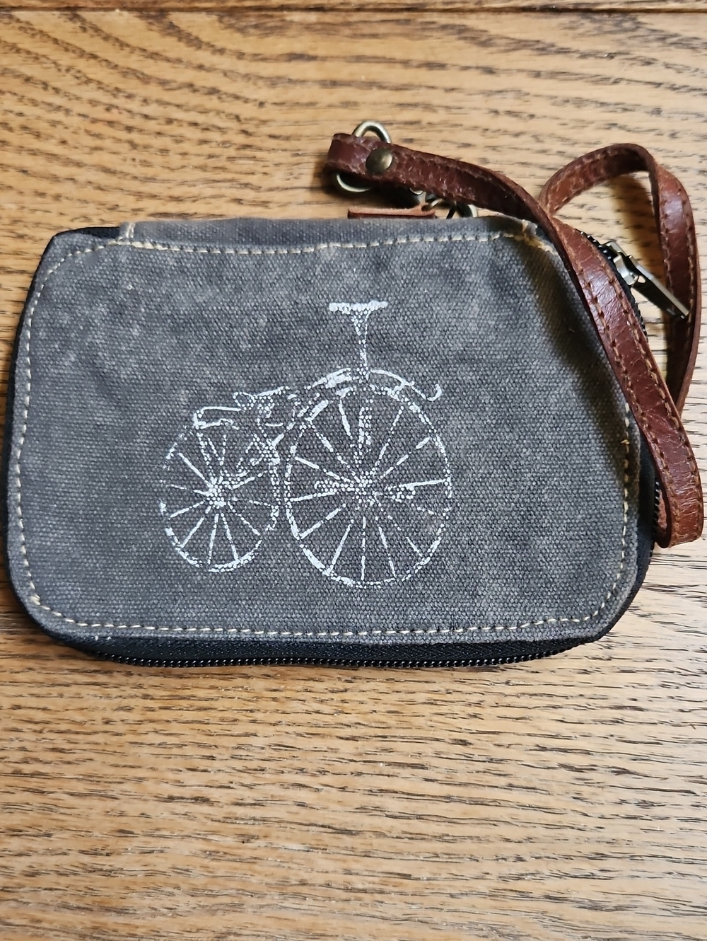 Mona B. Canvas Wristlet Clutch in Charcoal Gray with Bicycle Motif